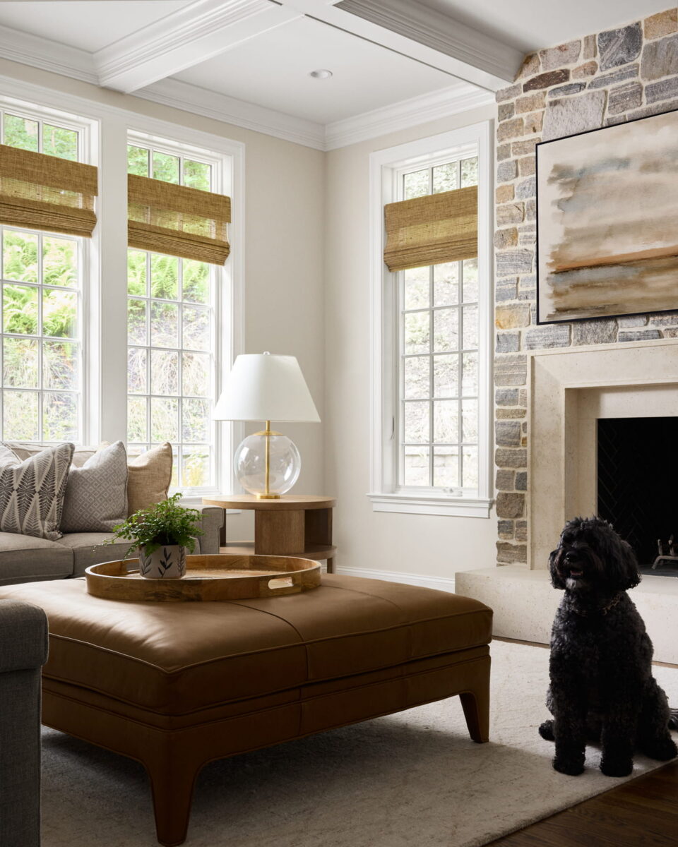 Bright living room with large windows, stone fireplace, modern art, tan leather ottoman, neutral sofa, side table with lamp and plant, and a black dog sitting on the rug.